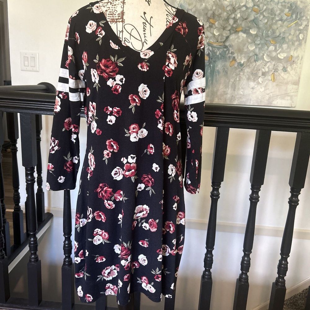 Urbanology Dress Womens Size L 3/4 Sleeve Black Floral White Stripes on Sleeves
